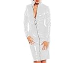 Vestido midi de piel sintética para mujer, cuello de solapa, cinturón, manga larga, cremallera, vestidos de fiesta de oficina, blanco, S