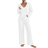 Conjuntos de descanso para mujer, conjunto de chándal de punto de gran tamaño, manga larga, parte superior sólida y pierna ancha, pantalones elásticos de cintura alta, pantalones acanalados, pijama