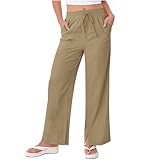 Pantalones de pierna ancha para mujer, de lino, casuales, de verano, con cordón elástico, ligeros, con abertura lateral, con bolsillos, color liso, pantalones clásicos, caqui, S