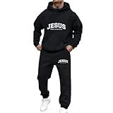 Conjunto genérico de Jogging para hombre 2 piezas con capucha forrado polar con estampado de Jesús y pantalones Baggy Streetwear Motivos Graffitis Skateboard Combinación estilo béisbol invierno, Negro