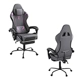 UISEBRT Silla ergonómica para juegos con masaje y reposapiés, cómodo sillón para videojuegos, respaldo ajustable, reposacabezas y cojín lumbar de masaje - gris y negro y violeta