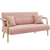 Yaheetech Sofá de Tela de Terciopelo de Dos Plazas con Reposabrazos y Patas de Metal Loveseat Moderno con 2 Cojines para Salón/Dormitorio Rosa