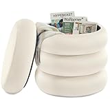 SONGMICS Taburete de Tocador, Puff Redondo con Almacenamiento, Reposapiés Acolchado, Tapa Extraíble, Salón Dormitorio Recibidor, Fácil de Montar, 43 x 47 cm, Terciopelo, Blanco Crema LOM018LH01