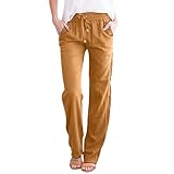 MaNMaNing Pantalones anchos de lino para mujer, color sólido, con cordón, botón ancho, informal, largos, pantalones de verano, pantalones de ocio con bolsillos para mujer, naranja, XL