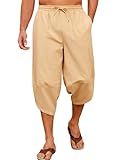 Yuson Girl Pantalon 3/4 Hombre Algodón Casual Anchos Largos Pantalones de Playa Sueltos Ligeros Cordón Elástica Pantalones de Yoga con Bolsillos Uso Diario(Caqui, M)