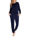 Ekouaer Pijamas Mujer Conjunto De Pijama De Invierno De Terciopelo con Cuello Redondo Largo Traje De Casa Cálido con Bolsillos Traje De Chándal De Dos Piezas Azul Marino L