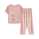 Juego de lino para mujer, traje de lino de verano, cómodo, aireado, traje de casa con estampado, cuello redondo, manga corta, blusa de lino y pantalones de lino, 2 piezas, algodón, ropa de salón, ropa