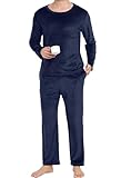 Lovasy Pijama Hombre Invierno Terciopelo Polar Conjunto Mangas Largas Cálida Pijamas con Bolsillos,Azul Marino,S