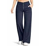 Pantalones de pierna ancha para mujer, pantalones de cintura alta para oficina, negocios, con bolsillos, con botones, ajuste holgado, color liso, pantalones de ajuste regular, azul marino, XXL