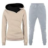 Generisch Chándal para mujer, traje de chándal para otoño/invierno, forro polar, cálido, monocolor, con capucha y pantalones de fitness, 2 piezas, ropa de correr, S-3XL, Gris4, M