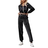 Modeewel Traje deportivo de 2 piezas para mujer, con cremallera, pantalones anchos de terciopelo, chándal para correr, sudaderas, Negro , M