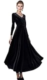 Urban GoCo Mujeres Vestidos Terciopelo Largo Elegante V-Cuello Manga Larga Maxi Vestidos para Cóctel Fiesta (M, Negro)