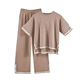 Conjunto de ropa de descanso de punto de 2 piezas para mujer, conjunto elegante de chándal cálido de invierno, pijama de manga larga, cuello redondo y pantalones de pierna ancha, caqui, L