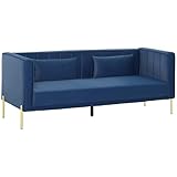 HOMCOM Sofá de 3 Plazas con Tapizado en Terciopelo de 194,5 cm Sofá de Salón para Sala de Estar con 2 Cojines Reposabrazos y Patas Doradas Azul Marino
