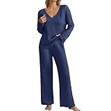 Generisch Conjunto de pijama de dos piezas para mujer, elegante, acanalado, ropa de casa, suelto, manga larga, cuello en V, parte superior de pierna ancha, pantalones, ropa de dormir, tiempo libre