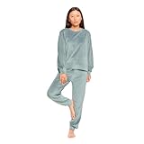 TRAMAS+ Pijama de Mujer Terciopelo Super Soft, Pijama Largo de Invierno, Conjunto de Camiseta de Manga Larga y Pantalón Largo con Cintura Ajustable - L, Agua Marina