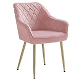 SONGMICS Silla de Comedor, Silla de Cocina, Sillón de Terciopelo, Silla Tapizada con Reposabrazos, Carga Máx. de 120 kg, Patas de Metal, para Comedor, Cocina, Rosa Jalea y Dorado Pálido LDC088R01