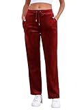 Pescool Pantalones de Terciopelo para Mujer, Pierna Recta, Pantalones Deportivos de Terciopelo para Mujer, Pantalones de Descanso de Pierna Ancha para Mujer con Bolsillos, Vino, Large