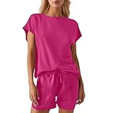 Duohropke Chándal de dos piezas para mujer, ropa de verano, ropa de salón, juego de chándal elegante, traje de casa, traje ligero, manga corta, camiseta y pantalones cortos con bolsillos, para mujer