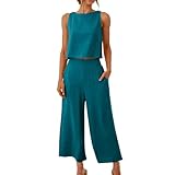 Generisch Juego de lino para mujer, traje de verano de algodón, conjunto de muselina, suelto, cómodo, traje de casa, cuello redondo, parte superior y pantalones de pierna ancha, informal, para