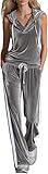Conjunto de dos piezas de terciopelo para mujer, con cuello en V, sin mangas, camiseta y pantalones de terciopelo retro, gris, XL