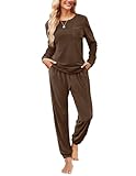 Ekouaer Conjunto de pijama de 2 piezas de terciopelo suave de manga larga para mujer, con bolsillos, Marrón, S