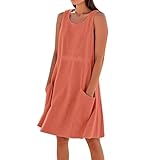 Vestido de lino para mujer, largo hasta la rodilla, informal, vestido de playa, sin mangas, estampado de verano con bolsillos, naranja, L