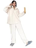 KOTTY Conjunto de forro polar sherpa para mujer, suéter con media cremallera y pantalón de pierna ancha para una comodidad acogedora y cálida, Beige clásico, S