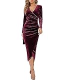 Joligiao Vestido de Mujer Elegante Vestido de Invierno Terciopelo Manga Larga Vestido de Noche Cóctel Cuello en V Bodycon de Fiesta Vestido de Navidad Vestido de Trabajo Vestidos(Rojo,S)