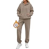 Chándal de otoño de 2 piezas para mujer, otoño e invierno, sudadera con capucha de manga larga, conjunto de chándal suelto de forro polar con bolsillos, caqui, XL