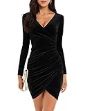 Niwicee Vestido Mujer Vestido Lápiz Elegante Velvet Ruchado Vestidos de Cóctel V Cuello Manga Larga Wrap Dresses Damas Vestidos de Bodycon para Fiesta Cóctel Casual(Negro,L)