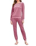 Wayleb Conjunto Chándal Terciopelo Mujer Manga Larga Cálido Pijama Mujer Invierno Terciopelo 2 Piezas Cuello Redondo Elática Conjunto Térmica Suave Cómodo