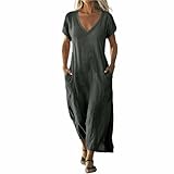 Vestido largo de lino para mujer, con cuello en V, vestido de verano de manga corta con bolsillos laterales, vestido de playa con vuelo, gris oscuro, L