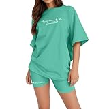 Juego de pijama para mujer de 2 piezas, suelto, suave y cómodo, conjunto de pijamas con estampado de letras, cuello redondo, camiseta y pantalones cortos, verano, informal, ropa de descanso, ropa de