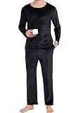Lovasy Pijama Hombre Invierno Terciopelo Polar Conjunto Mangas Largas Cálida Pijamas con Bolsillos,Negro,XXL
