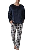 Pijamas Terciopelo Hombre Polar Suaves Grueso Cuadros Invierno Forro Camiseta Pantalón Largo Elástico Sety Ropa de Dormir Manga Larga Entretiempo Tops Cómodo Regalos para Hombres Azul Marino+Cuadros L
