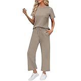 Generisch Traje de casa para mujer de 2 piezas, traje de casa de verano, suave, cómodo, conjunto de ropa de salón, cuello redondo, manga corta, top y pantalones, monocolor, traje de dos piezas, traje