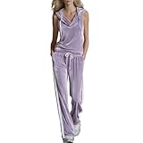 Conjunto de terciopelo retro con capucha y pantalones de terciopelo para mujer, con cuello en V, para correr, para ir, Morado (, XL