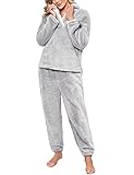 Niwicee Pijama para Mujer Invierno Conjunto de Pijama Forro Polar Super Suave Ropa de Dormir 2 Piezas Damas Ropa de Noche Manga Larga cálida y Pantalones Largos con Bolsillo(Gris,L)