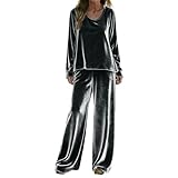 Conjunto de chándal de terciopelo para mujer, conjunto completo de 2 piezas, casual, holgado, elegante, manga larga, cuello en V, pantalones de pierna ancha, para fiesta, noche, ocio, trajes de viaje