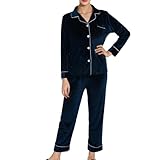 Conjuntos de pijama de mujer de invierno largo de terciopelo de lujo, Loungewear 2 piezas suave y cálido: camisa de manga larga con cuello de solapa con botones y pantalones de cintura elástica, ropa