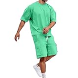 Sudadera genérica Super Pesada Traje 2 piezas para hombre Conjunto de camiseta y pantalones cortos patchwork hipster Chándales deportivos Sudaderas Populares con capucha para hombres, verde, XL