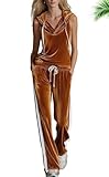 Conjunto de dos piezas de terciopelo para mujer, elegante, cuello en V, con capucha, sin mangas, camiseta y pantalones, traje de chándal retro de terciopelo para correr, caramelo, L