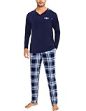 Litherday Pijama Hombre Invierno Algodon Manga Larga Conjunto de Pijama con Top Cuello V y Largo Pantalones a Cuadros