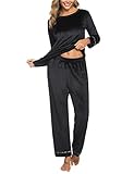 Nieery Pijamas Mujer Largo Invierno Forro Polar Cálida Suave Conjunto Ropa Dormir Manga Larga Dos Piezas Negro XL