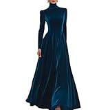 Vestido largo de terciopelo para mujer, elegante, de manga larga, acampanado, vestido de noche de color sólido, cuello alto, vestido de cóctel y fiesta, Azul pavo real-a, XXL