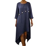 Vestido de verano de media manga para mujer, de algodón y lino, con diseño de botones, color sólido, cuello redondo, vestido de playa elegante, azul marino, XXL