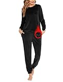 Ekouaer Pijamas Mujer Largo Cuello Redondo Terciopelo Traje De Ocio Cálido Conjunto De Pijama Cálido Traje De Casa Informal con Bolsillos Y Cordón Negro XXL