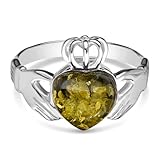 Colección de joyas para mujer, anillo de plata de ley 925 y ámbar verde báltico, anillo Claddagh, Piedra preciosa de metal de plata de ley, Ámbar