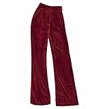 Pantalones anchos de terciopelo dorado para mujer, de cintura alta, casuales, pierna derecha, pantalones de fiesta con bolsillos, rojo, M